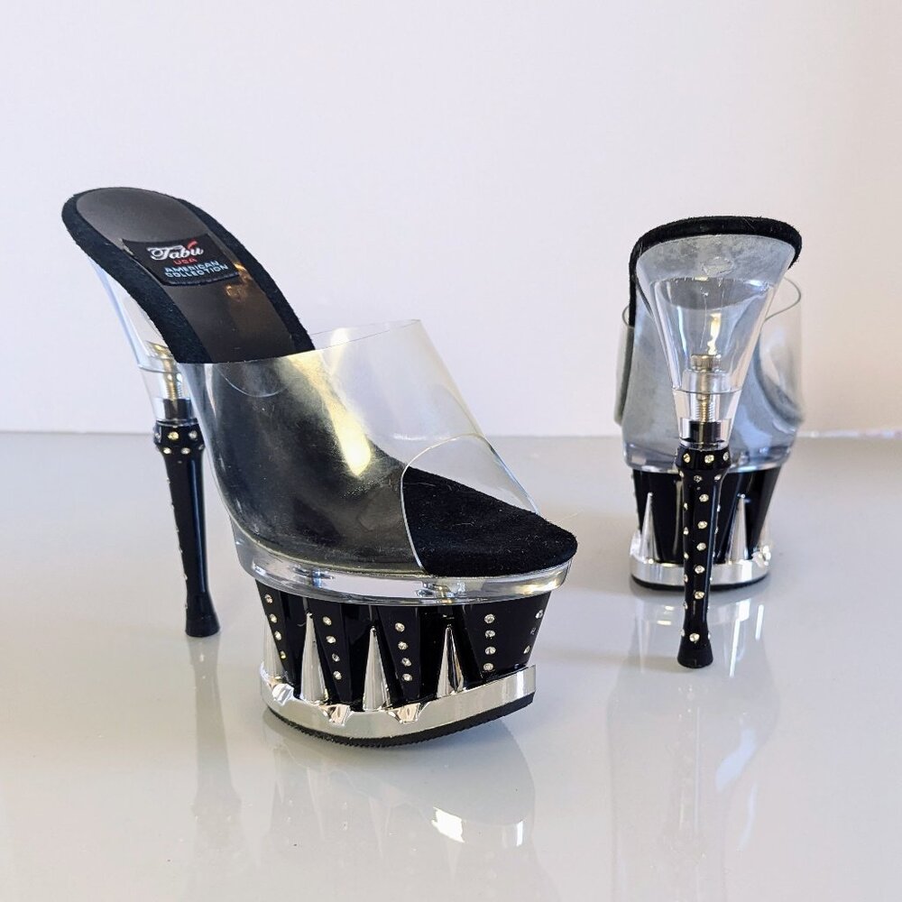 Y2K Tabu Chrome Black Shark Platform Stiletto Stripper Heels Rhinestone Studs 8